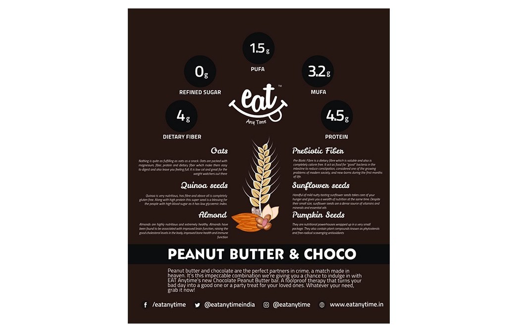 Eat Any Time Peanut Butter & Choco Health Bar With Oats, Almonds   Box  228 grams